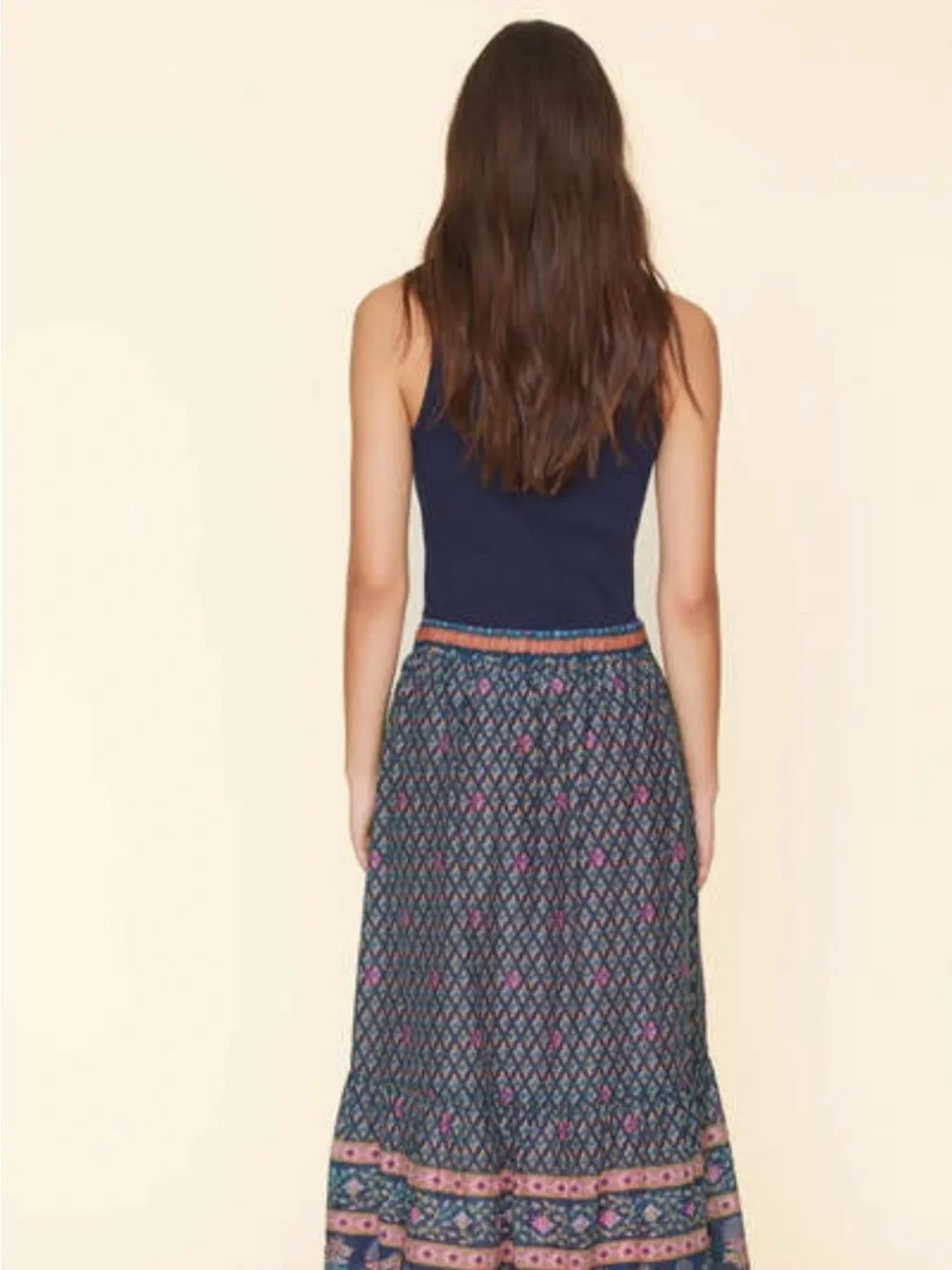 Xirena Taryn Skirt Navy Posey Floral Print Midi Skirt, SZ Small, front buttons